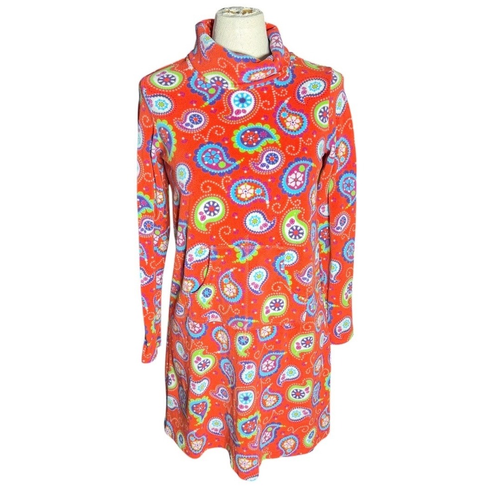 Hanna Andersson Girls Orange Paisley Fleece Funnel Neck Dress Size 160 38296